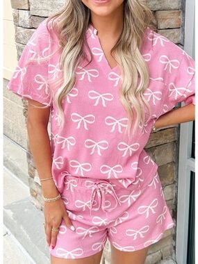 Pink Bow Print Women's Short Set